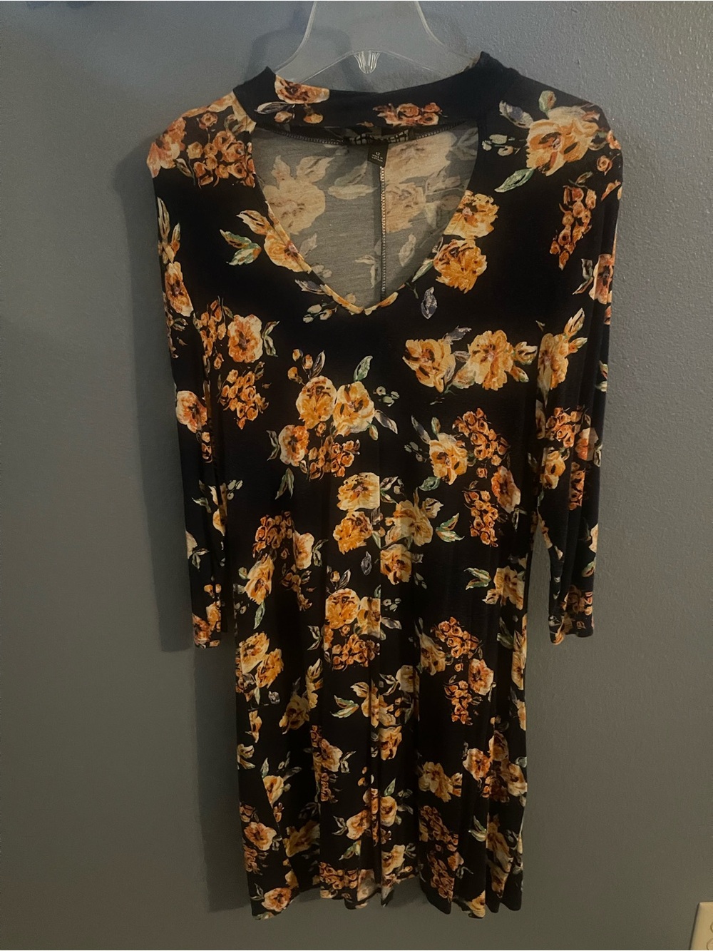 madison leigh Black Floral V-Neck Long Sleeve Dress with Yellow Blooms